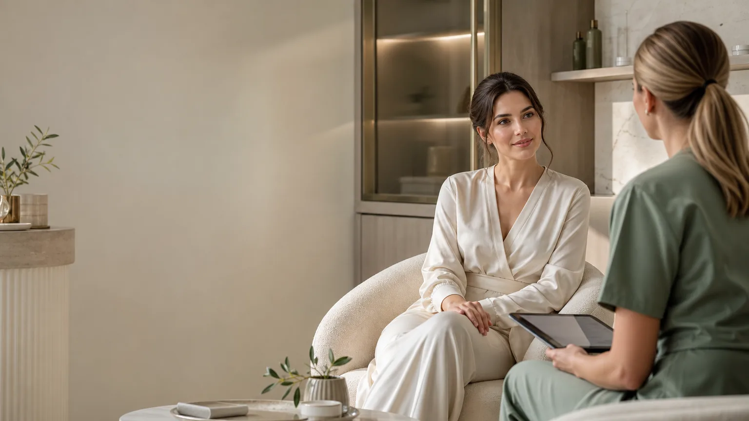 Calm luxury aesthetics consultation setting in Abingdon with a bride-to-be reviewing a treatment timeline in a warm, elegant clinic interior