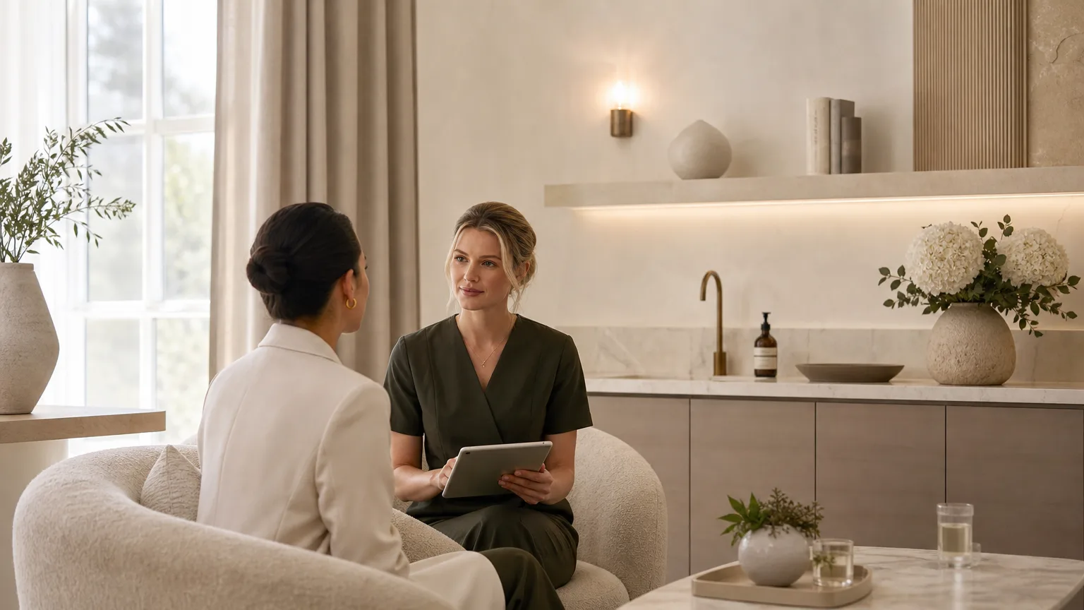 Calm luxury aesthetics consultation room in Abingdon with warm ivory and beige tones, suggesting a professional anti-wrinkle injections appointment.