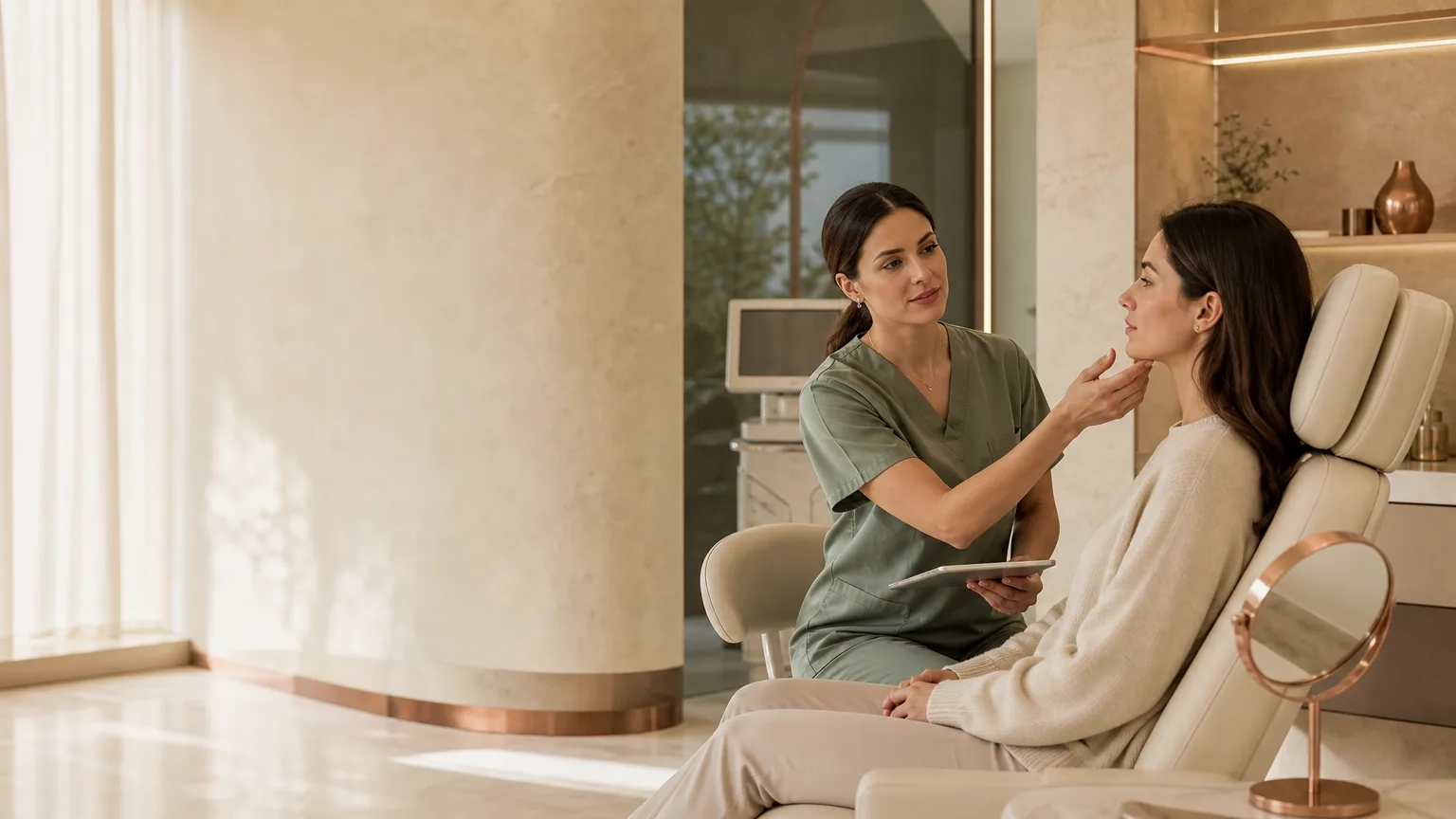 Consultation-led aesthetics clinic scene suggesting side-profile assessment for chin filler in an elegant Abingdon setting