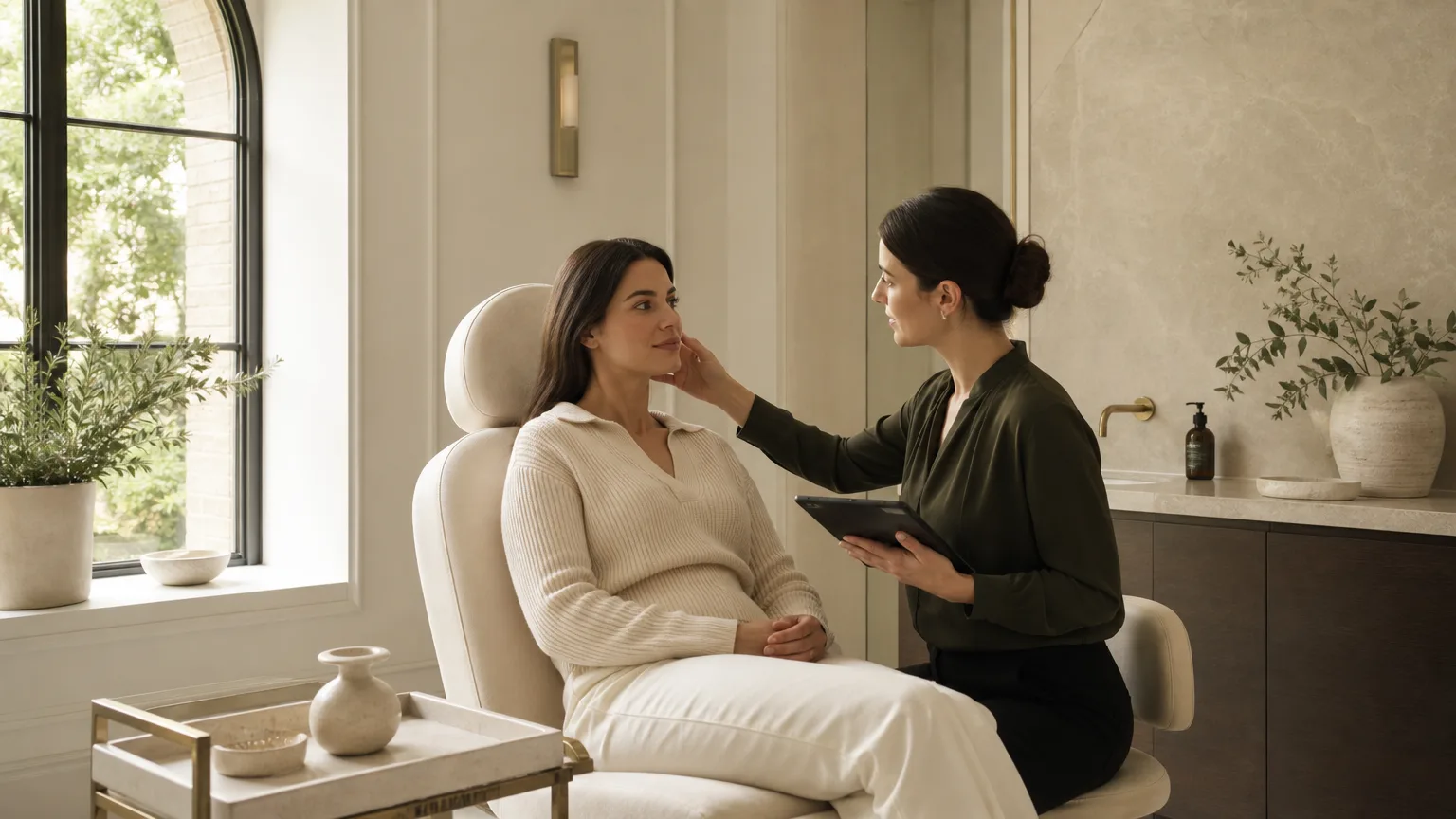 Premium clinic consultation scene for dermal filler treatment planning in Abingdon with warm ivory interiors and a calm, editorial feel.
