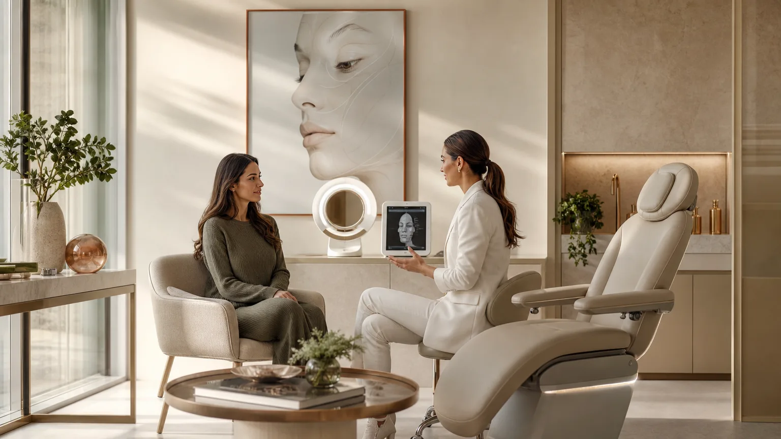Elegant luxury clinic consultation setting for dermal filler injections in Abingdon, with warm ivory interiors and calm editorial styling.