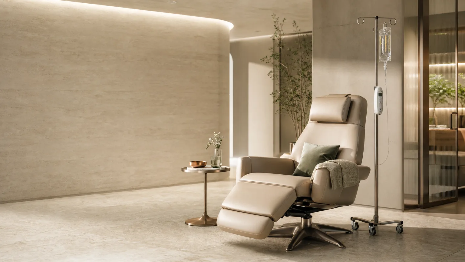 Calm consultation room in a premium Abingdon aesthetics clinic prepared for an IV drip appointment, with a relaxed client seating area and soft natural light.