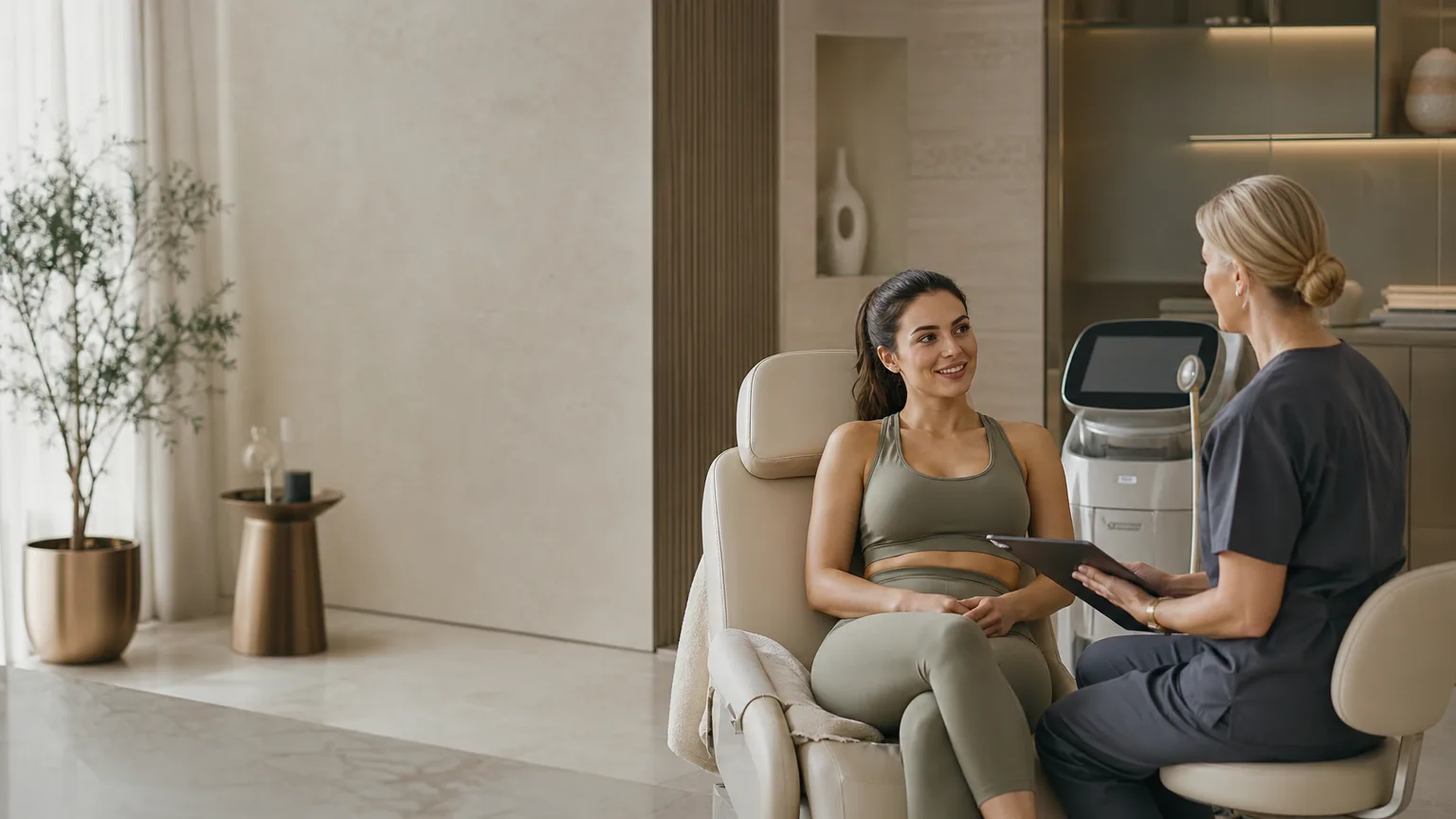 Calm consultation-led body sculpting setting in a premium Abingdon aesthetics clinic with a client preparing to return to exercise after fat freezing