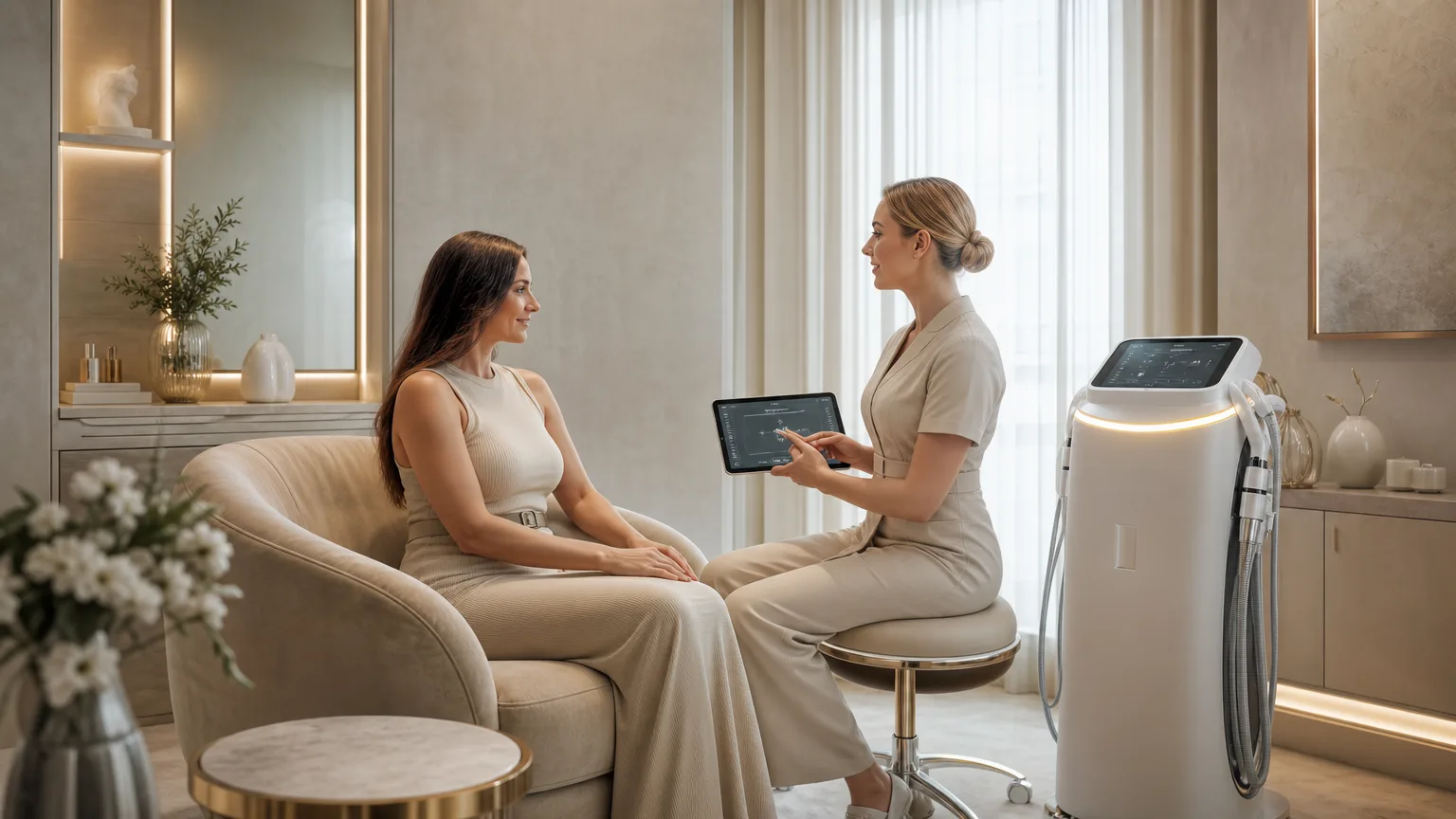 Elegant consultation room for fat freezing and body sculpting at a premium Abingdon aesthetics clinic with warm ivory and beige tones.
