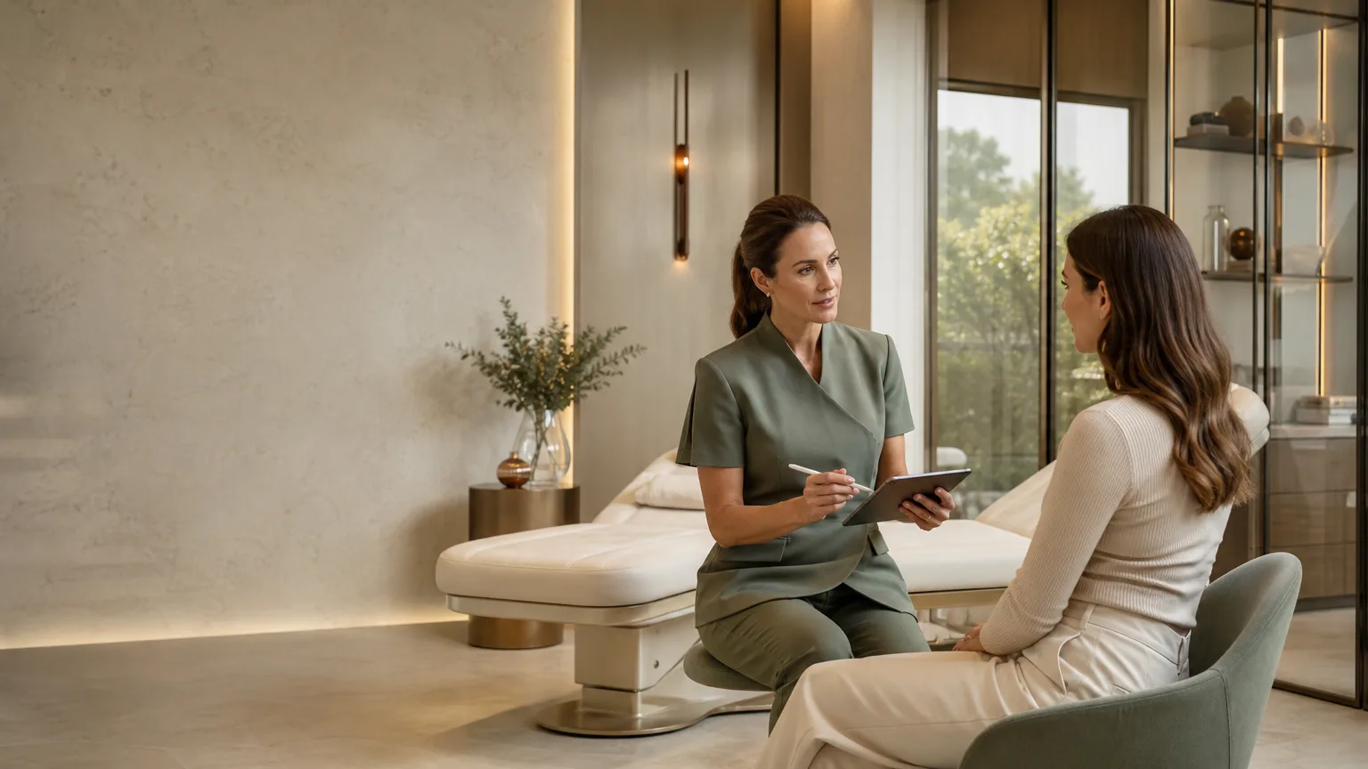 Consultation-led body sculpting scene in a calm luxury aesthetics clinic, focusing on the waist and flank discussion in a discreet Abingdon setting.