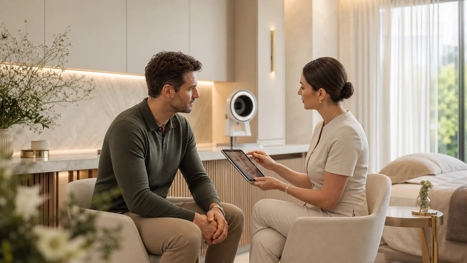 Elegant consultation room in a luxury Abingdon aesthetics clinic, with calm neutral tones and a refined setting for hair loss treatment discussions.