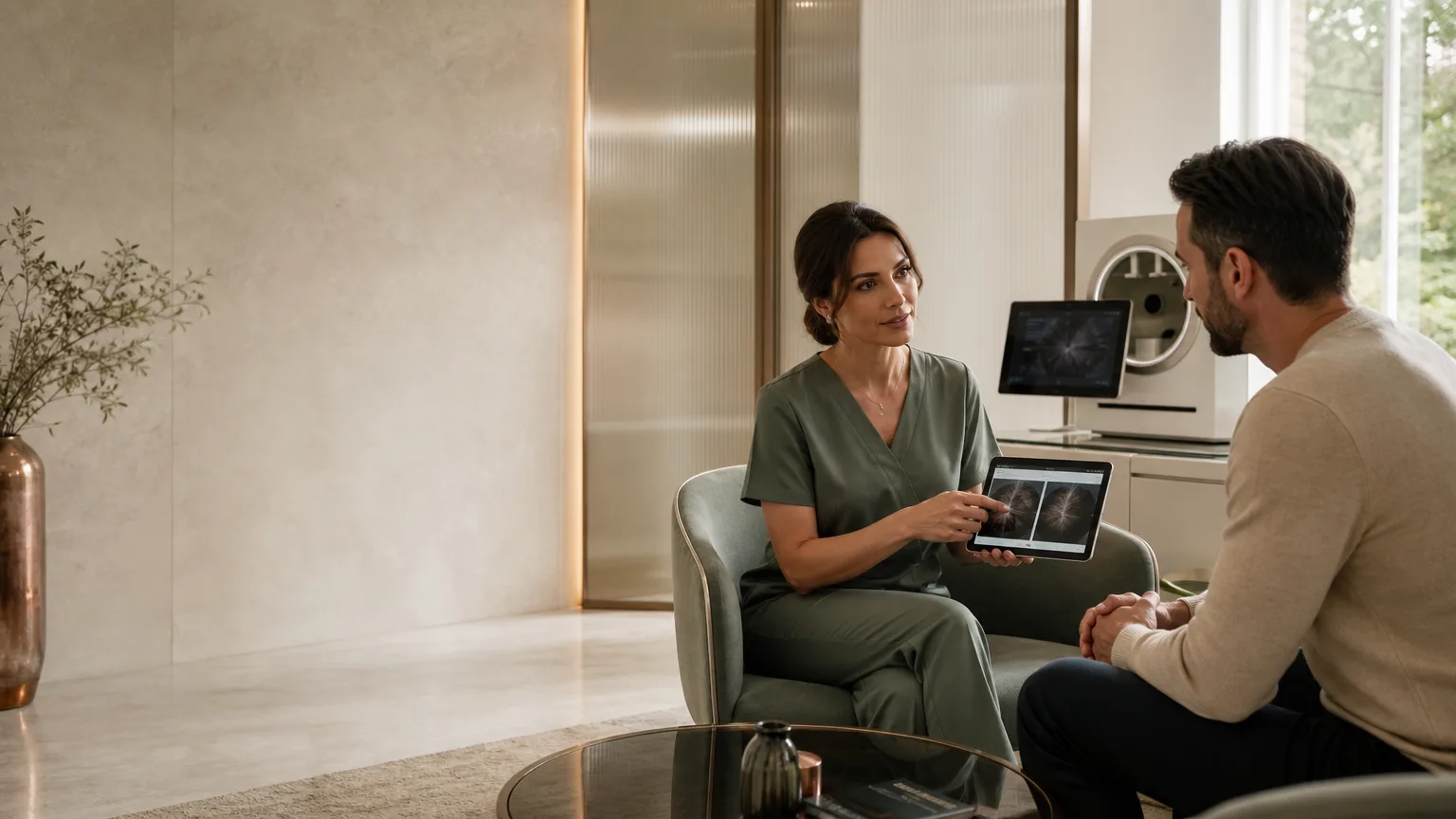 Calm consultation scene in a luxury Abingdon aesthetics clinic discussing thinning hair, with warm neutral interiors and discreet medical professionalism.