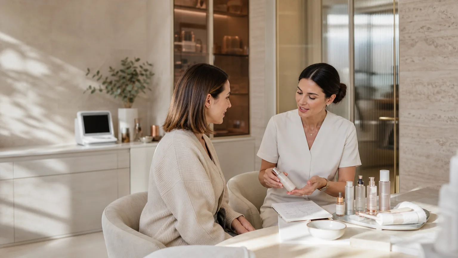 Skincare consultation in a calm luxury aesthetics clinic with products and notes discussed before a PCA Skin peel