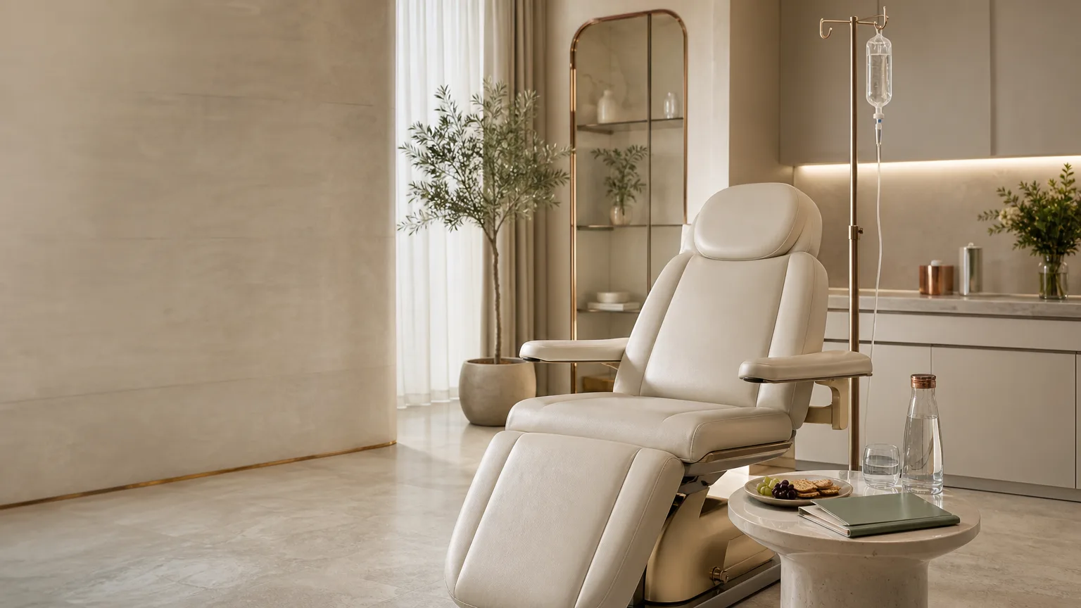 Calm premium clinic consultation setting in Abingdon with a comfortable chair, water and wellness appointment preparation items.