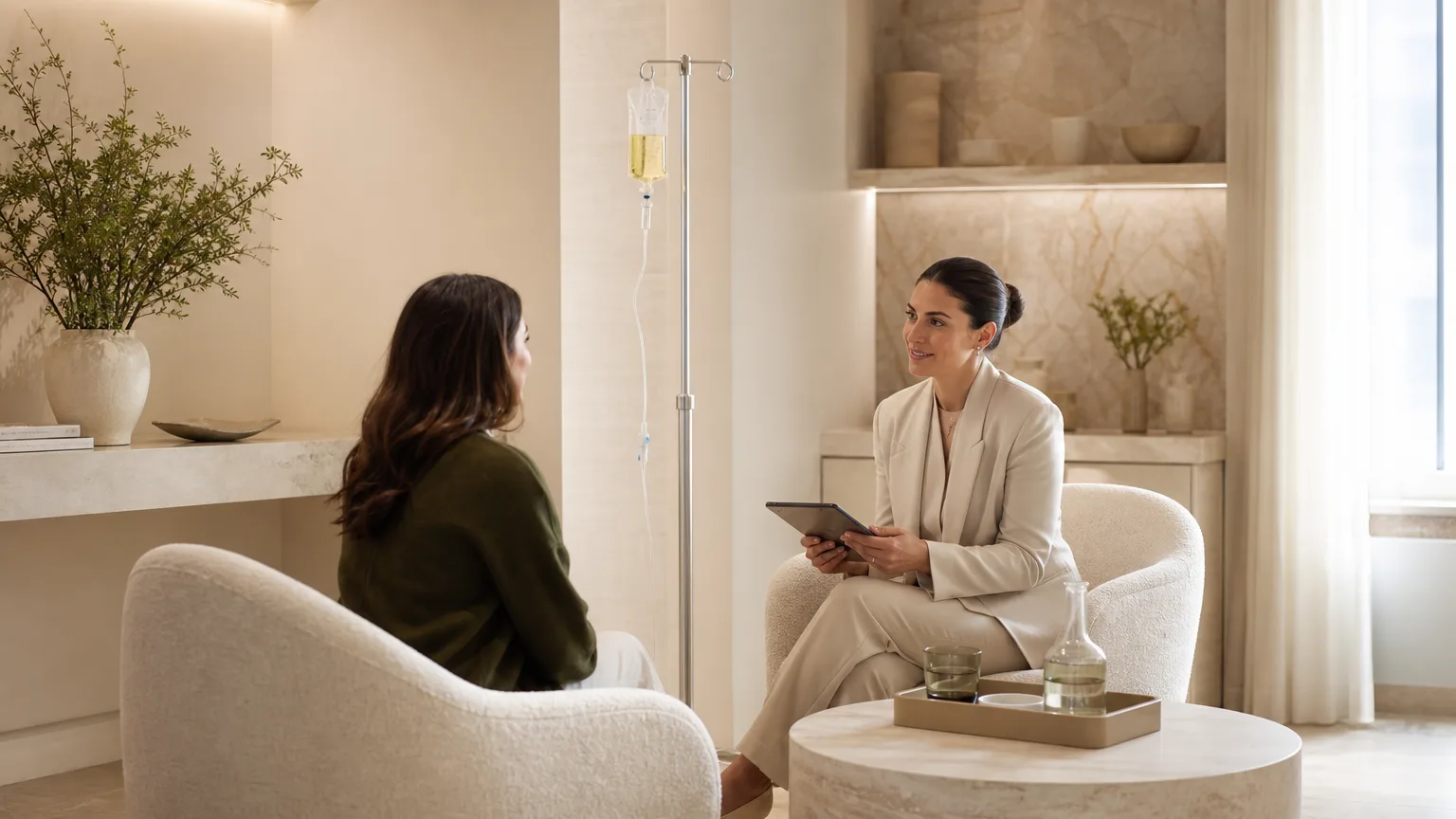 Premium calm clinic consultation setting for IV drips and vitamin boosts in Abingdon