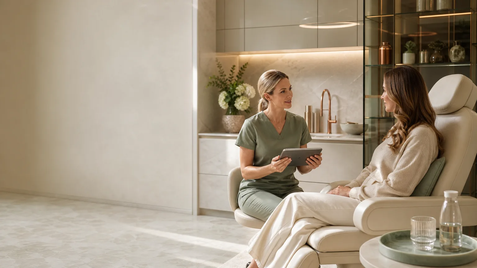 Calm luxury clinic consultation setting in Abingdon with hydration support treatment discussion and refined medical-aesthetics surroundings