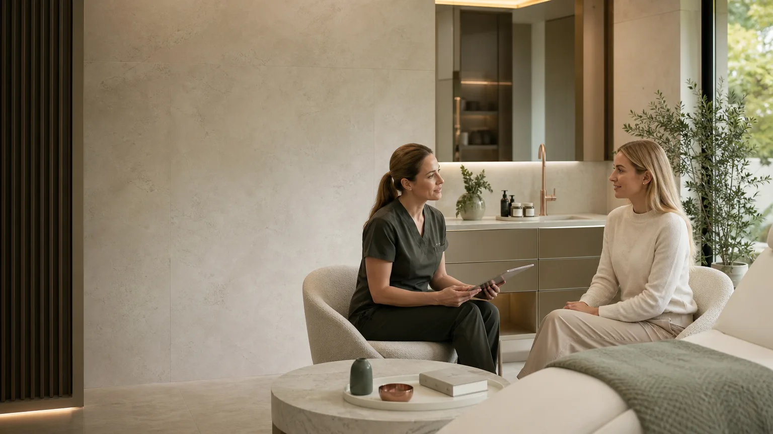 Calm consultation setting at a premium aesthetics clinic, with a practitioner speaking to a patient about lip filler aftercare in a warm neutral room.