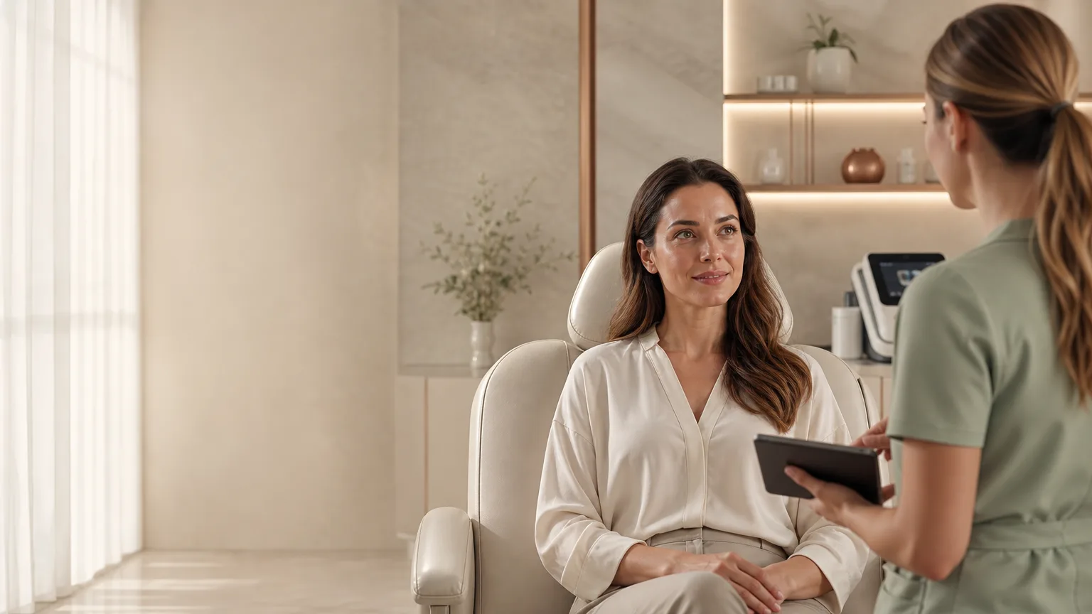 Calm luxury aesthetics consultation room in Abingdon with a client seated upright after treatment, warm neutral interiors and soft natural light.