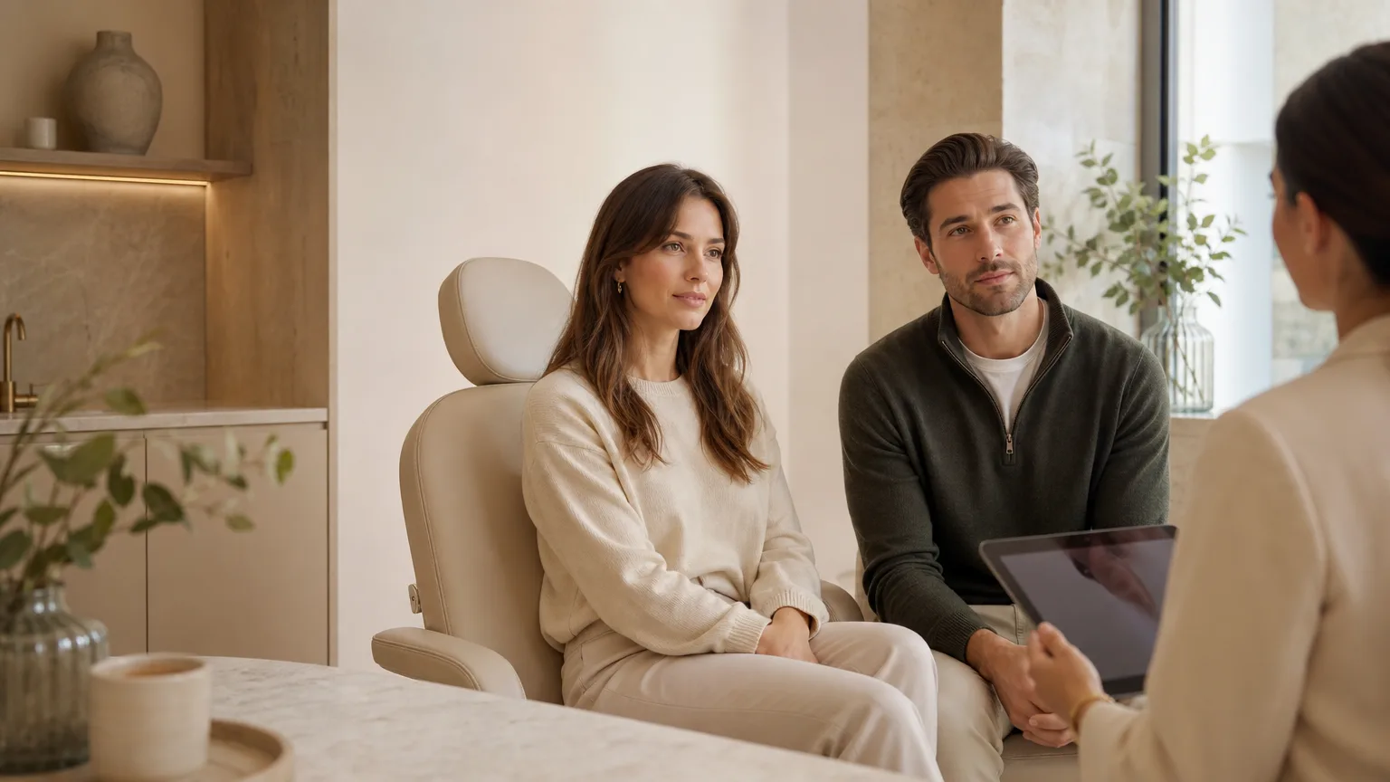 Calm luxury aesthetic clinic setting with a consultation-led lip filler theme in warm ivory and beige tones.