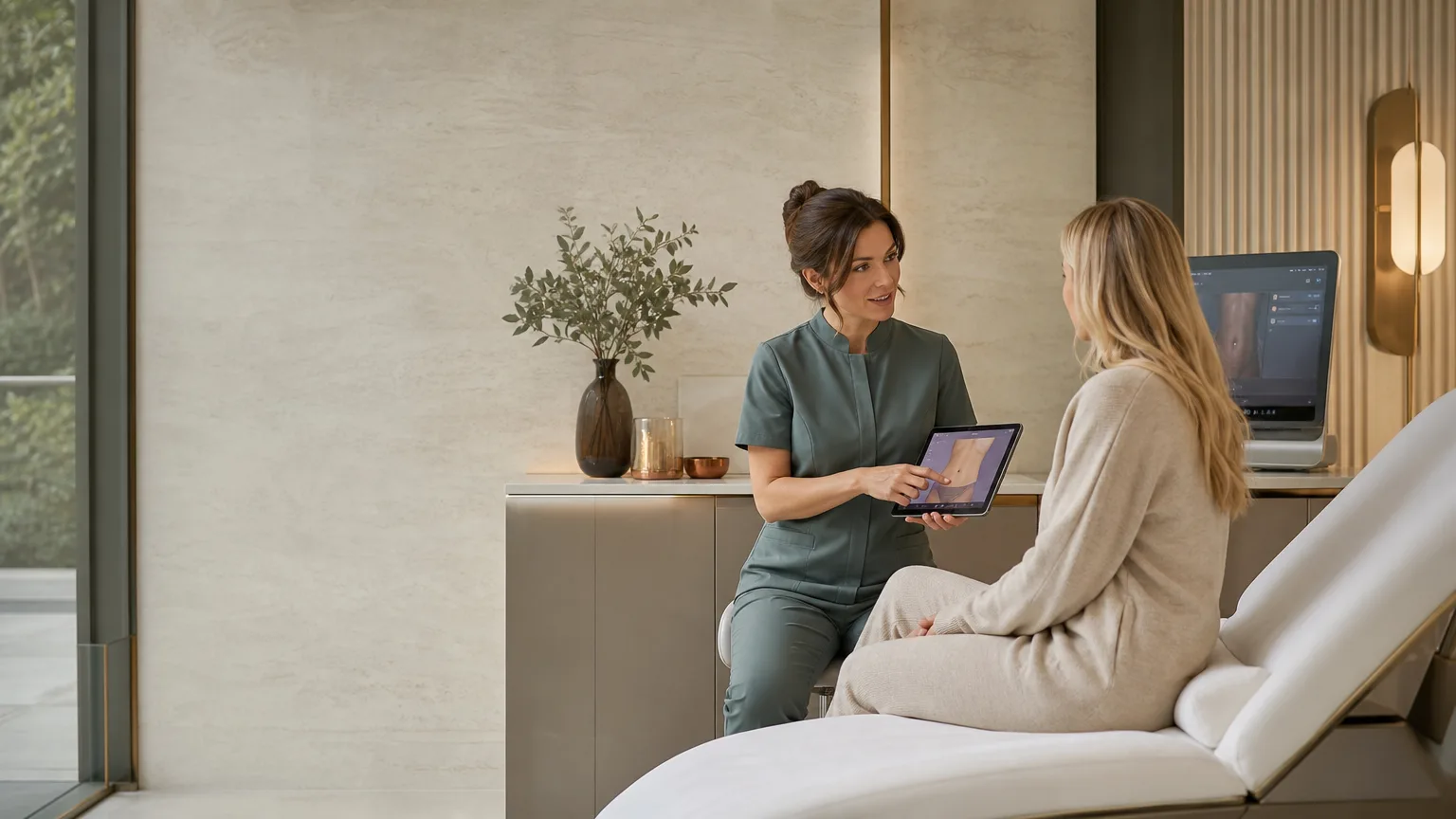 Consultation-led body sculpting scene in a calm premium aesthetics clinic, focused on lower abdomen treatment planning