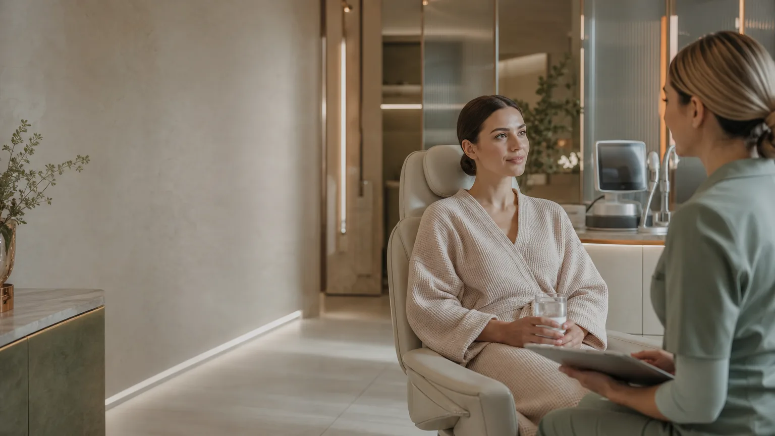 Calm luxury clinic interior with a client resting after microneedling consultation, warm neutral tones and soft daylight in Abingdon aesthetics setting