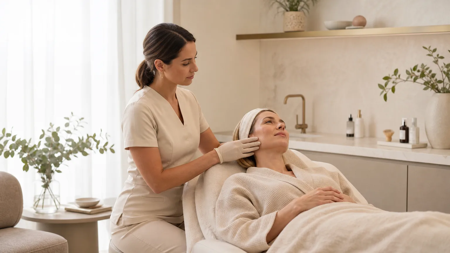 Calm consultation-led aesthetic skin treatment room with warm ivory and beige tones, designed for microneedling education and skin texture care.