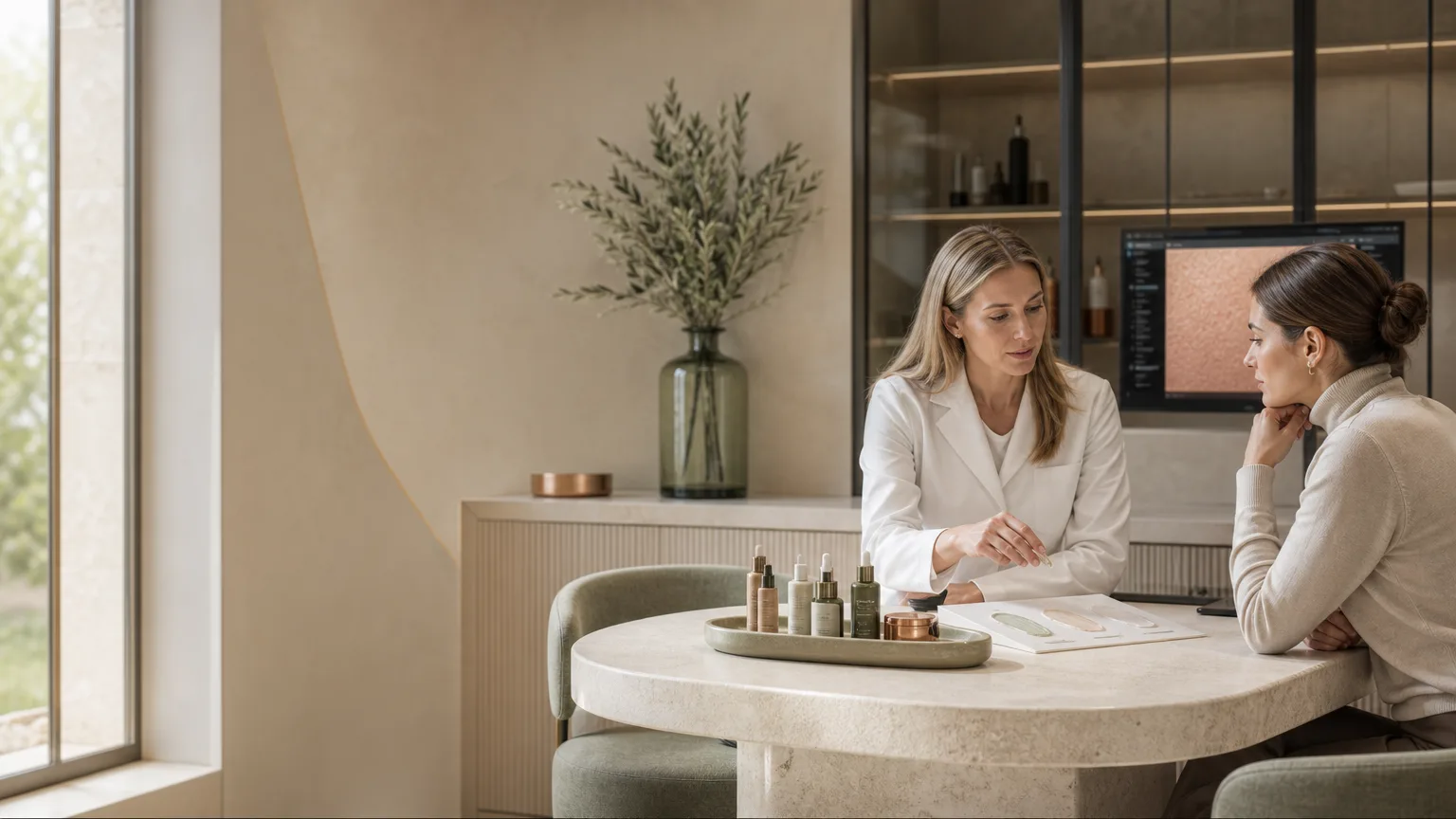 Calm luxury aesthetics consultation setting in Abingdon with skincare products and a client discussing options for uneven skin tone treatment