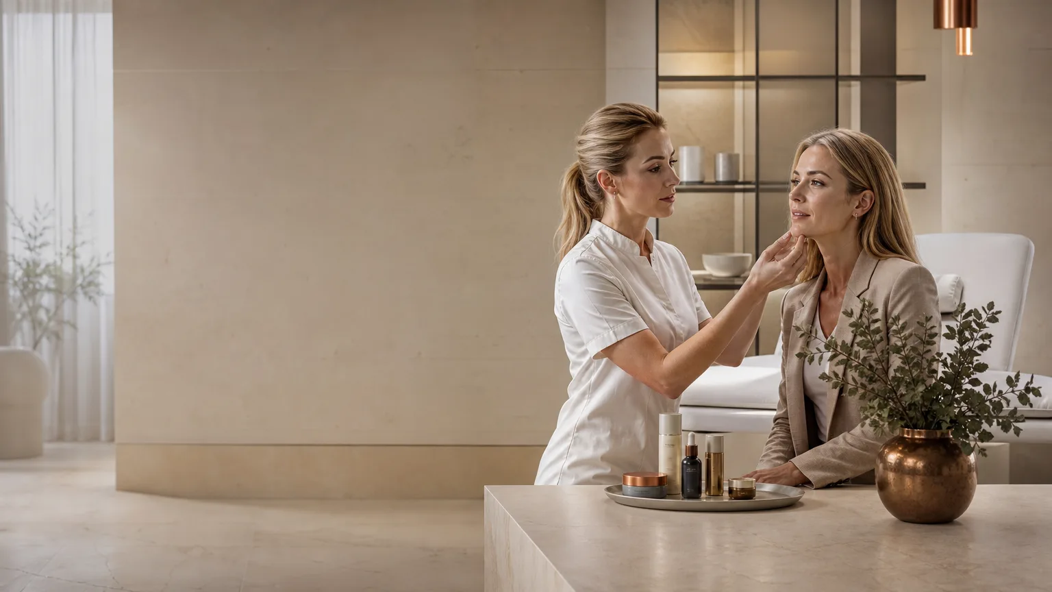 Calm consultation setting in a luxury aesthetics clinic with practitioner reviewing sensitive skincare concerns before a peel treatment