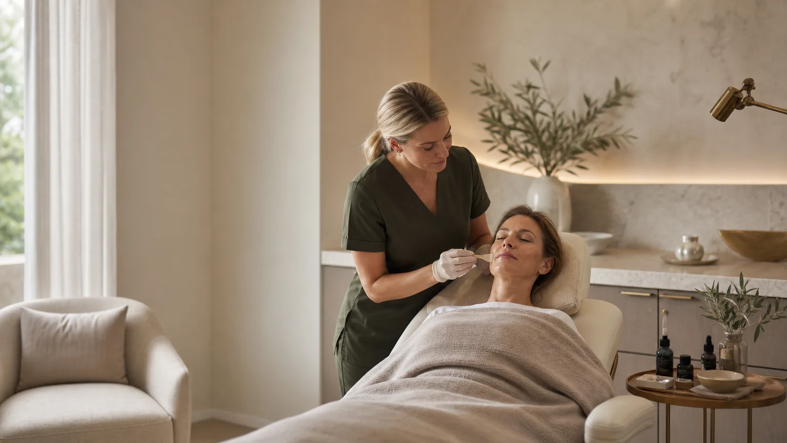 Premium consultation room with elegant skincare setup for PCA Skin facials and peels at a luxury clinic in Abingdon