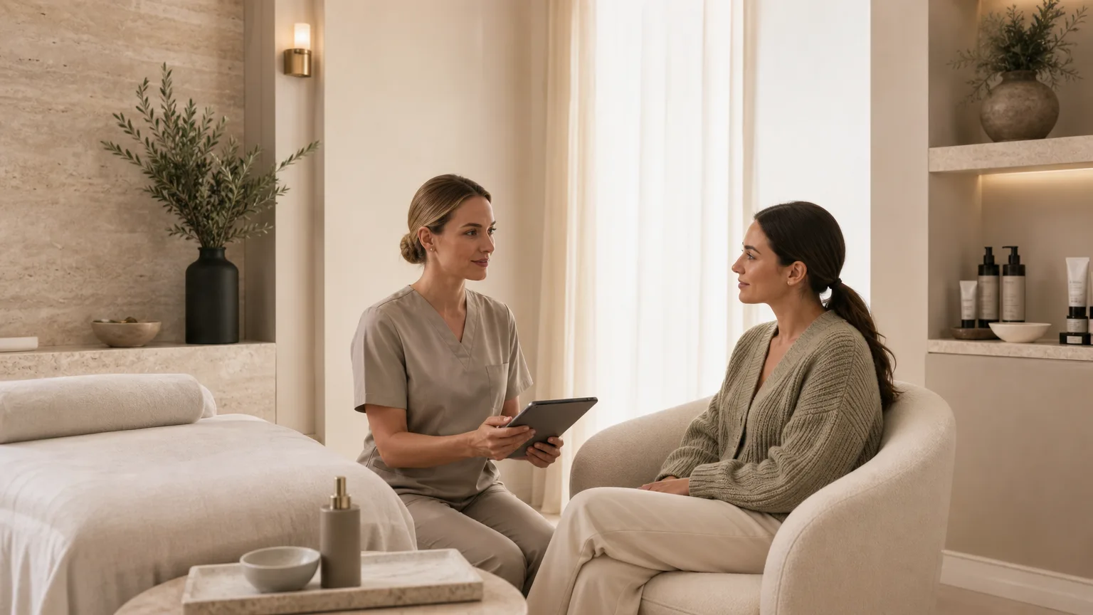 Calm consultation room setting for PCA Skin peels at Aesthetics by Clouds in Abingdon, with a premium neutral interior and soft natural light.