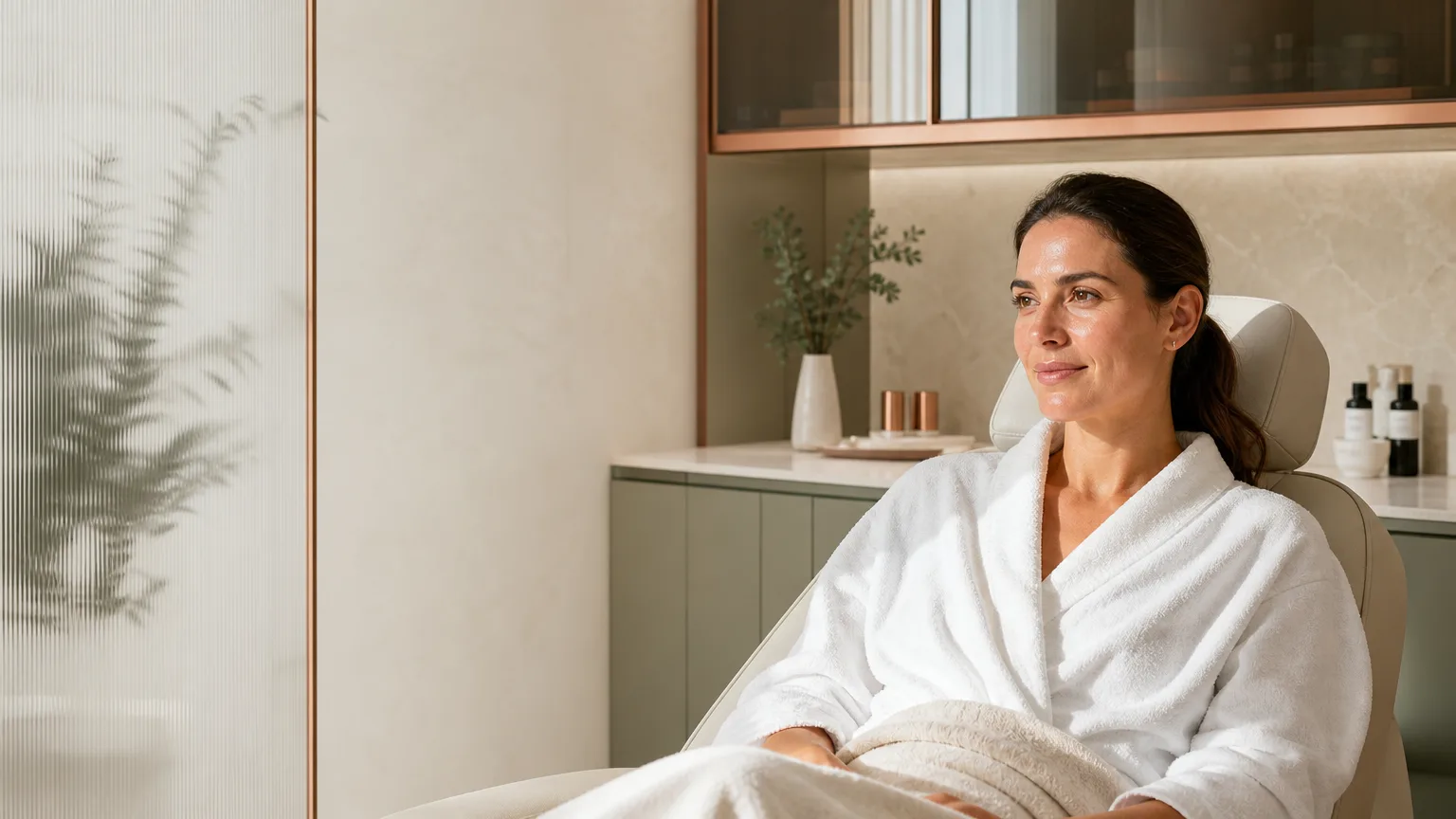 Calm luxury aesthetics clinic interior with a client resting after a professional skin peel consultation in Abingdon