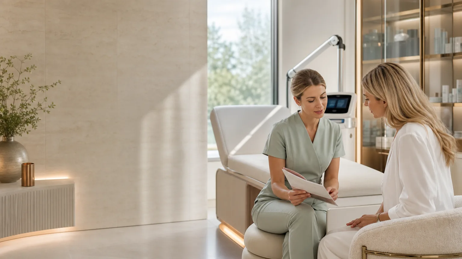 Calm consultation setting in a luxury Abingdon aesthetics clinic with skincare discussion before a professional skin peel