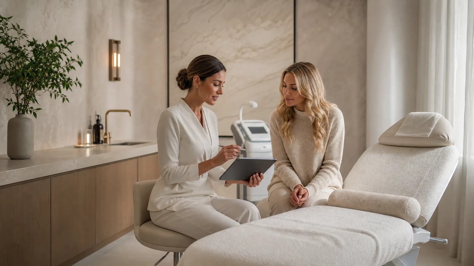 Calm luxury clinic consultation setting for PRP treatment guidance in Abingdon