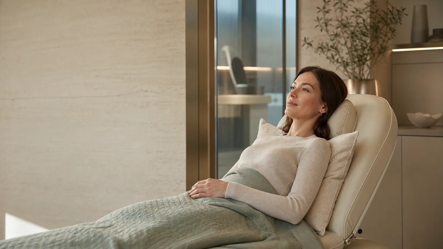 Calm clinic bedroom-style consultation setting with elegant pillows and a relaxed woman resting upright, illustrating cheek filler sleep aftercare guidance.